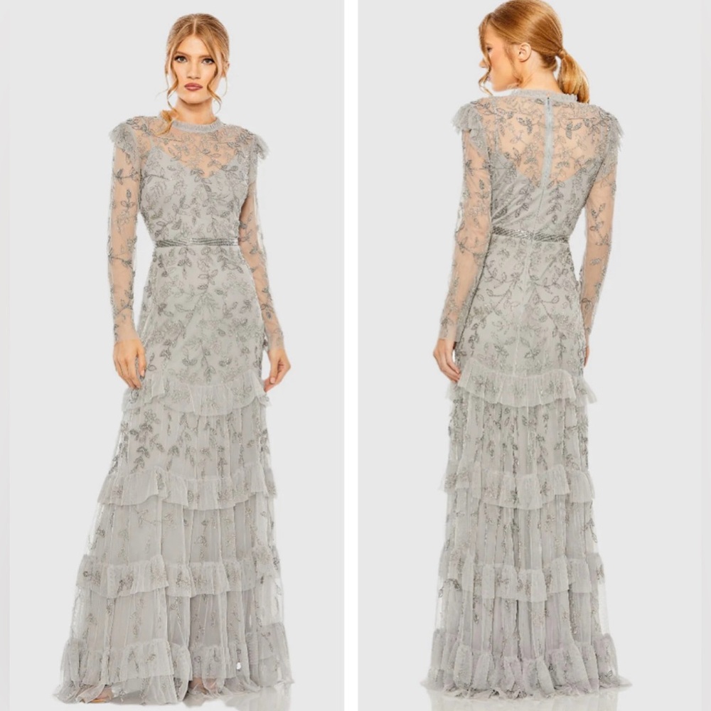 Mac Duggal Gray Lace Maxi Dress